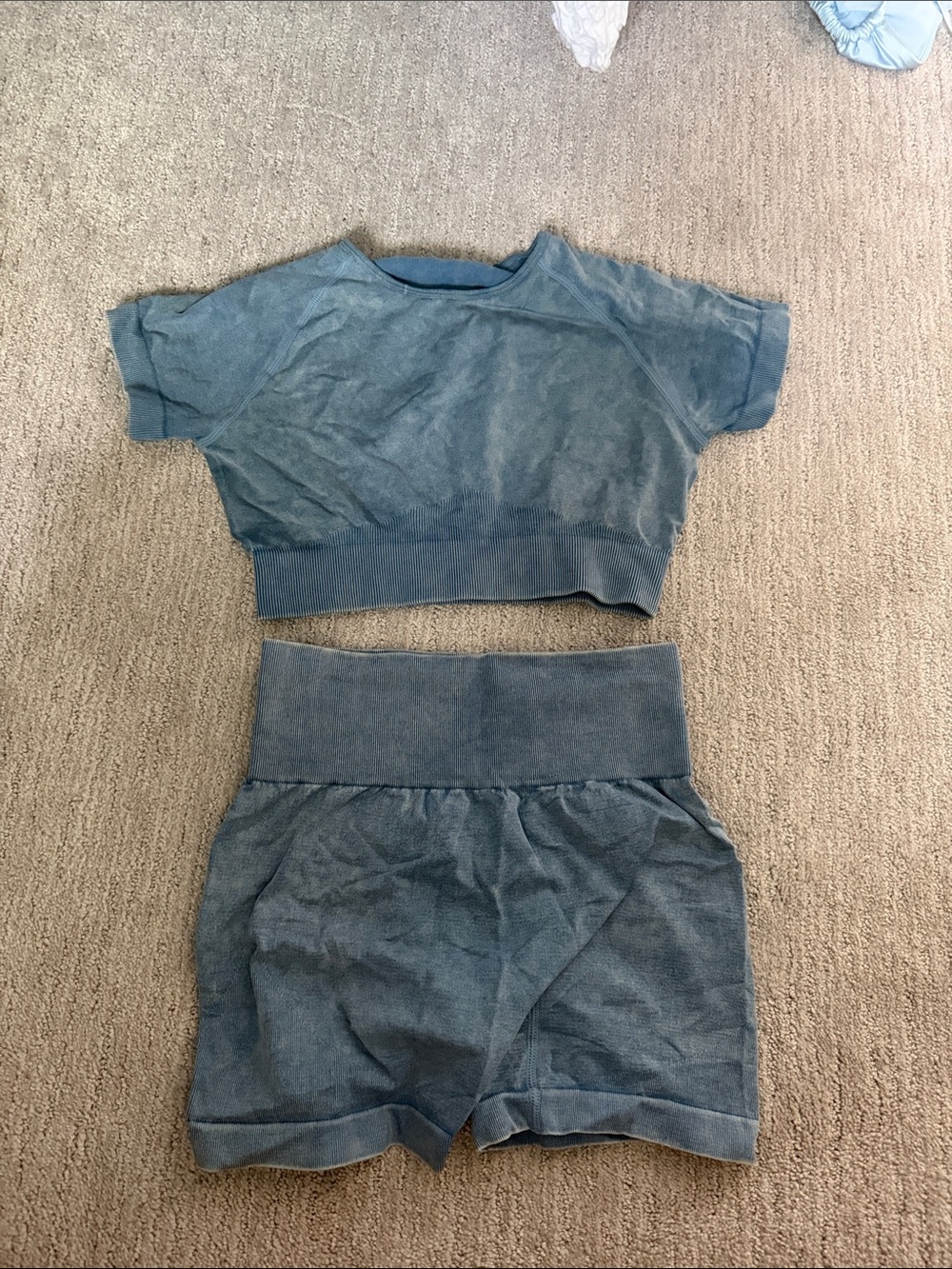 Two-Piece Washed Blue Lounge Set - Crop Top & High-Waist Shorts